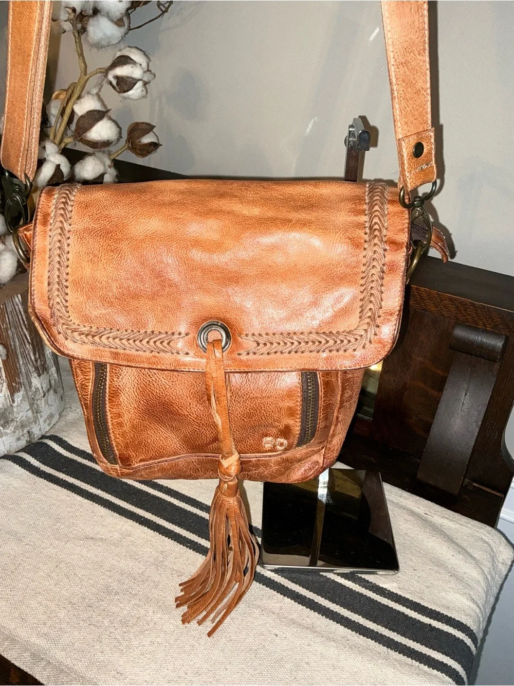 Bed Stu Leather Whoopi Tan DD Crossbody Bag Fringe Tassel MSRP $245